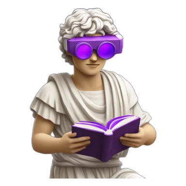 an EMOJI OF A ancient young greek statue reading a book, wearing VR glasses, purple colors, DIGITAL UNIVERSE sticker