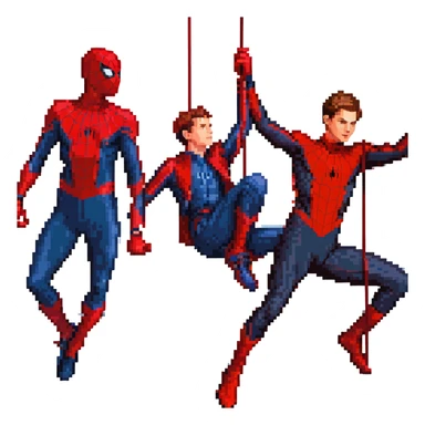 pixel art scene of three Spider-Mans Tobey Maguire Andrew Garfield Tom Holland fighting together each in unique suit red-blue red-blue red-black, swinging and using webs in dynamic action sticker