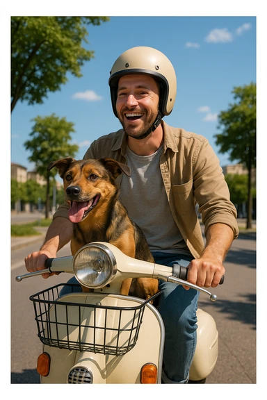 man and his pet dog riding a vespa sticker