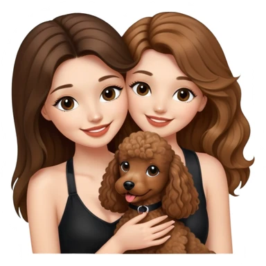 a girl with long balayage straight hair and long lashes, smiling, wearing black halterneck top, and holding and kissing a brown poodle sticker