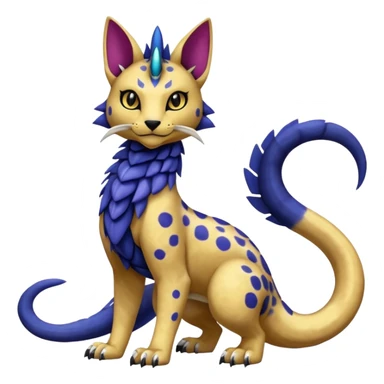 Egyptian furry hyper-realistic colorful with black rosette-splotches, scaley Bastet-Liepard-Noibat-Gatomon-Garchomp-Digimon-Fakémon-Pokémon-creature (full body) sticker
