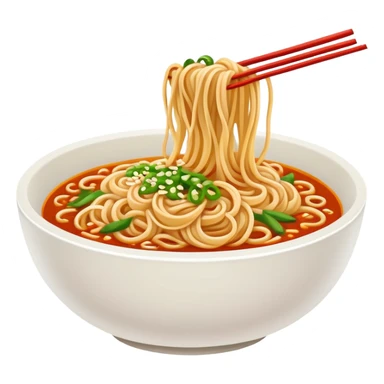 Wuhan hot dry noodles with sesame paste, simplified emoji style with bold outlines and bright colors, cartoon style Chinese noodle bowl sticker
