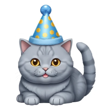 British shorthair blue cat happily wears a birthday hat sticker