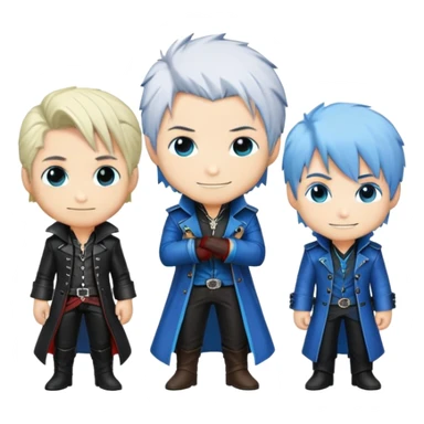 Cute chibi Dante, Vergil, and Nero from Devil May Cry, big heads, small bodies, childlike proportions sticker