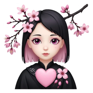 goth sakura heart, black heart with sakura branch and blossoms, pink highlights sticker