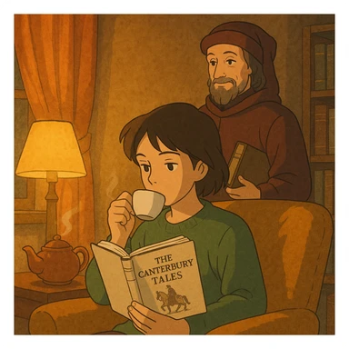 cozy scene of a person reading the Canterbury Tales and drinking tea, Chaucer in medieval attire standing behind, warm lighting sticker
