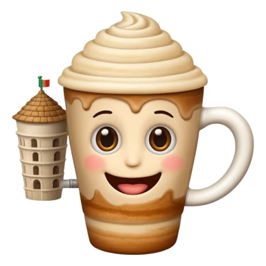 playful cappuccino cup emoji with tiny leaning Tower of Pisa as handle, wild eyes, silly grin, capturing Italian brainrot cappuccino sticker