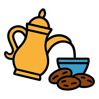 a classic dallah pot pouring coffee next to dates, modern icon style sticker
