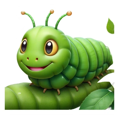 Cinematic Realistic Cute Caterpillar Portrait Emoji, Head tilted playfully and inquisitively, featuring a compact, segmented body in bright, vibrant green with delicate, inviting textures and a charming, rounded face with sparkling eyes full of curiosity, rendered with lifelike detail and natural highlights, high shine, affectionate and spirited, styled with a touch of garden whimsy, soft glowing outline, capturing the essence of a mischievous yet lovable caterpillar that seems poised to crawl cheerfully into your arms! sticker