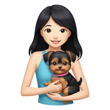 Pretty Asian girl with long, luscious black hair, wearing a cute sleeveless halter top, smiling warmly while carrying an adorable Yorkshire Terrier puppy in her arms sticker