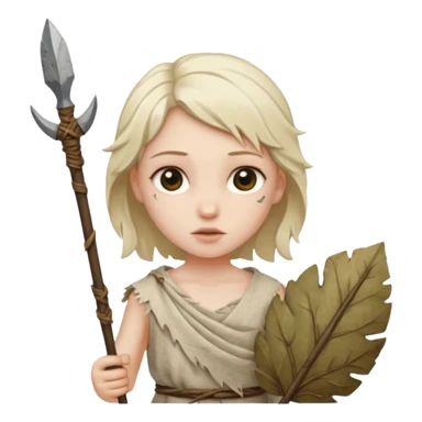 ancient girl, tattered leaf cloth, hold broken stone spear sticker