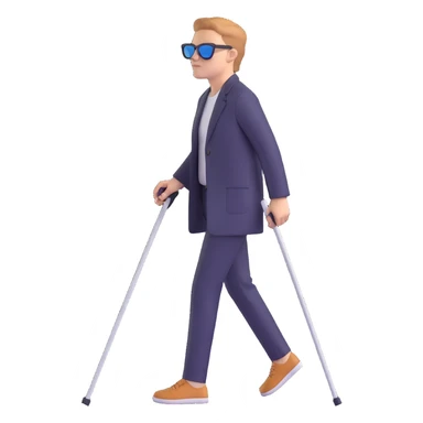 A blind person walking outdoors during the day, holding a single white cane in one hand. The person is wearing sunglasses and walking confidently. Emphasize that there is only one cane sticker