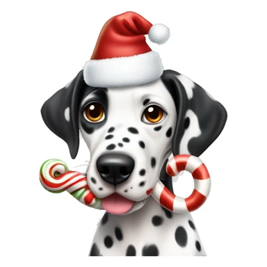 A Dalmatian with brown spots holds a caramel Christmas candy cane in his mouth sticker