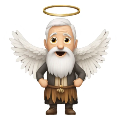 An old man with a beard, with two wings, with one hand raised for worship and a ring in the other hand, with three feathers and rows of feathers in each wing, and a skirt with three rows of feathers. sticker
