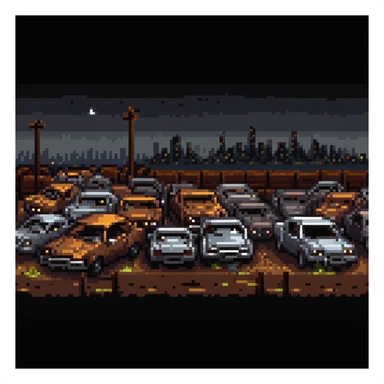 Pixel art junkyard at night, crushed cars, rusty metal, broken fence, flickering light, city lights far in the background, vertical 9:16 scene, side-view camera, retro arcade fighting stage
 sticker