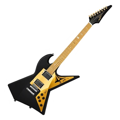 Create a bold and dynamic emoji representing the Epiphone Dave Mustaine Flying V Custom electric guitar. The design should feature the sharp, iconic V-shaped body of the guitar, with a custom finish reflecting Dave Mustaine’s signature style. Add intricate details like gold or chrome tuning pegs and pickups, with subtle graphics or patterns that reflect the aggressive, heavy metal aesthetic. Use a color palette of black, gold, and red, with a touch of metallic sheen for the high-end finish. The background should be transparent to emphasize the guitar's iconic shape sticker