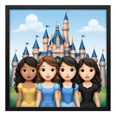 Quiero que crees una imagen donde este el castillo de Disney y por detrás o delante pon a quatro chicas: una con el pelo largo rizado marrón , otra con el pelo corto negro, otra con el pelo mediano liso marrón y otra con el pelo negro largo liso sticker