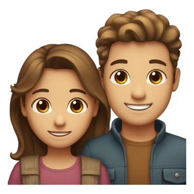 the couple hugs with warm smiles. a young girl with long brown hair and brown eyes, a young guy with brown short hair and brown eyes sticker