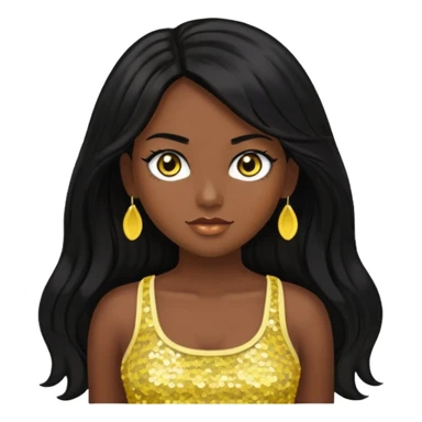 Christie from Barbie & Friends with brown eyes, long black hair, yellow sequin crop top, dark skin sticker