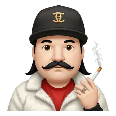 a fat father with white fur, black hair, a hip hop cap, a tattoo with a cigarette in his mouth, and a mustache. sticker