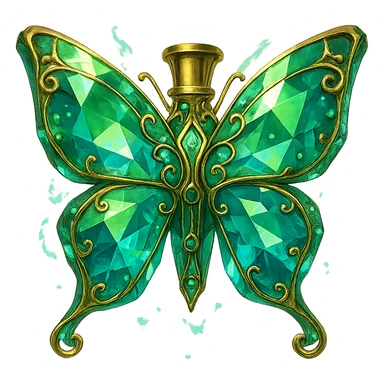 crystal elegant butterfly-shaped bottle, short gold neck (no crown), green and blue colors, lots of glowing, facets, more ornaments, decorations, golden details, magical effects, premium class, transparent background, bottle clearly flying in the air, no base or shadow. sticker