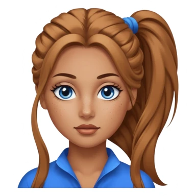 Attractive Woman with tan skin, baddie style, blue eyes, wide face, freckles, and a long voluminous ponytail and dark eye makeup sticker