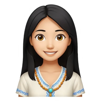 30 yr old asian woman center parted hair big eyes big smile tanned skin straight black hair hippie part hair white blouse sticker