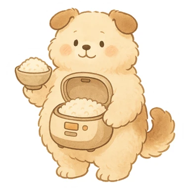 soft, fluffy dog with a round belly as a rice cooker, holding a rice bowl, cream and brown pastel colors, full-body sticker