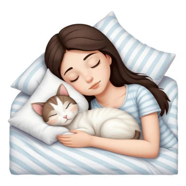 side view brunette teenage girl sleeping with white cat that has beige stripes on a white pillow with white sheets sticker