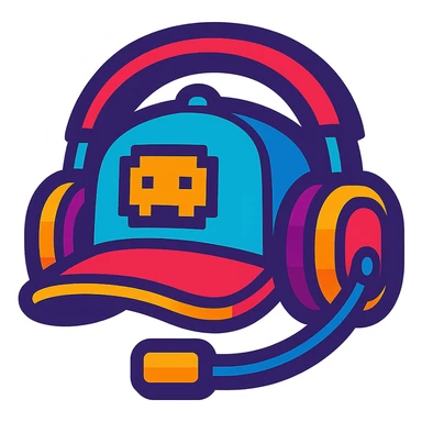 stylized cap with headphones pixel art details merging rapper and gamer aesthetics fun colorful style streaming community badge sticker