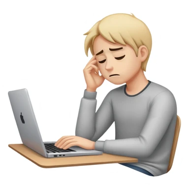 Create an emoji of a tired person sitting at a laptop, looking exhausted and frustrated. They have slouched posture, representing overwork and burnout. sticker