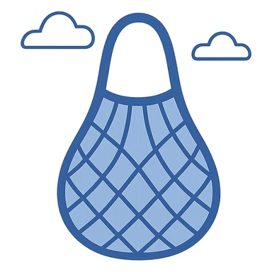 flat blue mesh tote bag emoji icon, minimal details, soft blue color, small handle, light and airy summer net bag, easily recognizable sticker