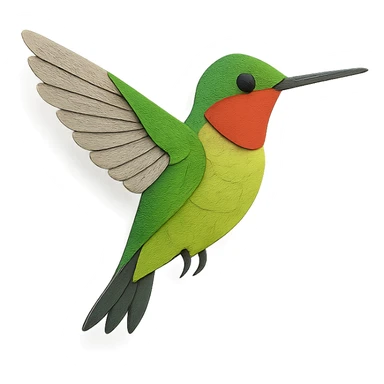 ruby-throated hummingbird, layered paper details, vivid green and red plumage, wings in motion, delicate pose sticker