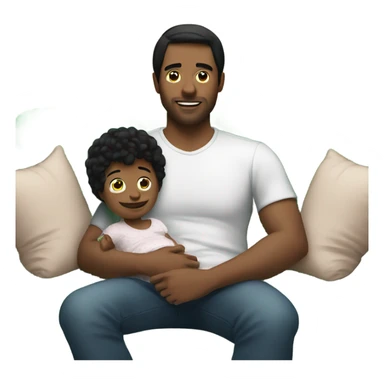Man with black hair and baby relaxing on couch together sticker