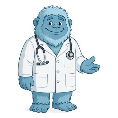 blue friendly yeti wearing a doctor's white coat, full body, approachable expression, medical theme sticker