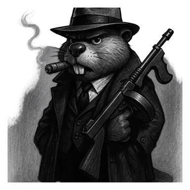 gritty noir-style cartoon of a beaver gangster from the 1920s, in a black suit, trench coat, white shirt, black tie, fedora, smoking a cigar, holding a Tommy gun, standing with confidence, dramatic lighting, realistic cartoon, transparent or simple background sticker