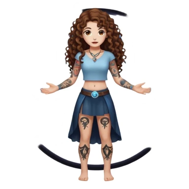 full body view of a woman with long curly brown hair, brown eyes, white skin, tattoos, fake innocent pose while standing inside a glowing spell circle sticker