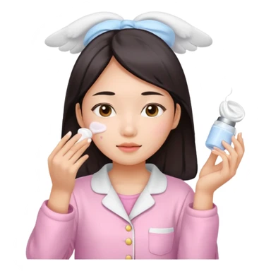 angelic asian girl doing skin care in pink pajamas, applying cream to her face sticker