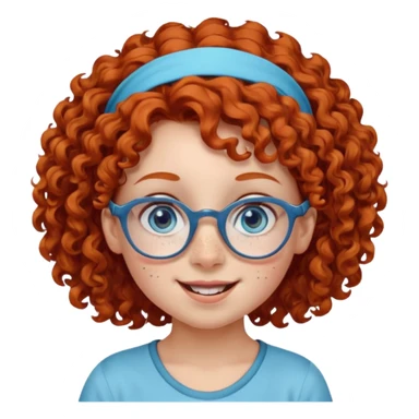 redhead kid with unique face features and very curly hair kid girl happy and big glasess and big nose and very blue eyes and headband with freckles sticker