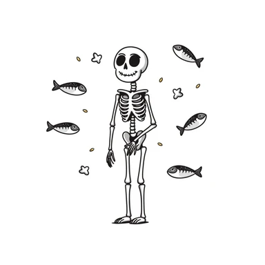 Ethereal skeleton in firm posture with floating sardines, bright yogurt, and golden sesame seeds around it, white light threads connecting the foods to the bones sticker
