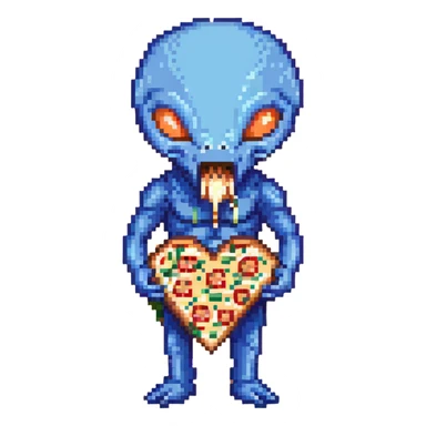 Blue alien eating pizza sticker