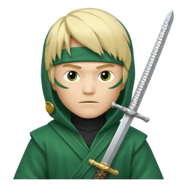 Green ninja Lloyd garmadon blonde hair, kaptur hoody on his head but blonde grzywka visible; the bottom left one is best (the one without miecze + black band + no mask of face) but add miecz; I want no band on head  sticker
