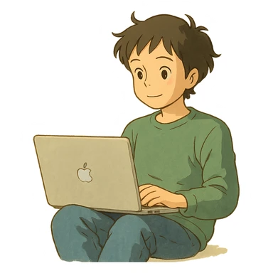 a person working on their MacBook, relaxed posture, natural light, ghibli style, no background sticker