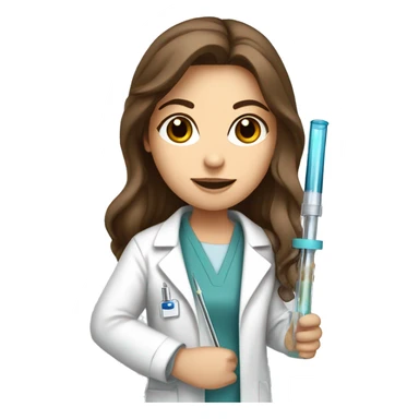 White Girl with long brown hair and brown eyes in a lab coat holding a pipette sticker