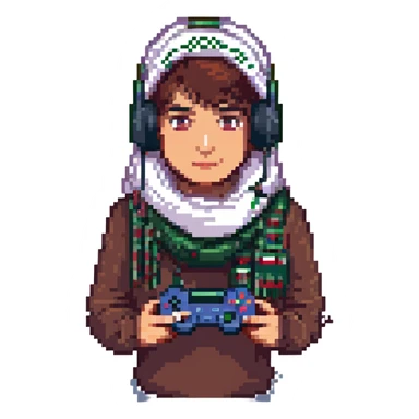 pixel art of a Palestinian gamer with a headset, holding a game controller, with a keffiyeh pattern sticker