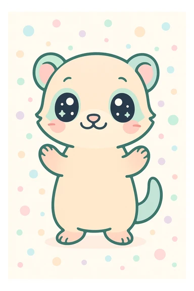 kawaii cartoon baby ferret, standing with tiny paws up, sparkly eyes, pastel palette, simple background sticker