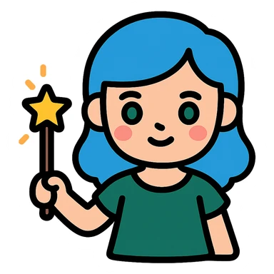 beautiful girl with blue hair and green eyes, holding a magic wand, wearing a dark green dress, color icon style sticker