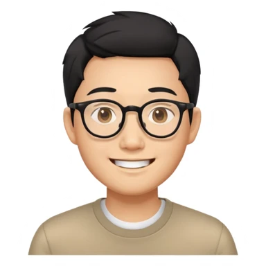 Asian man with short black hair, glasses, friendly smile, Josh Lim character sticker