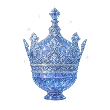 išskirtinai prabangus eliksyro buteliukas, aiškiai karūnos forma (ne gertuvė), spalva #7986cb, daugiasluoksniai holografiniai ir sidabriniai ornamentai, kristalo tekstūra, daug magiškų švytėjimų ir žėrėjimo, šviesos spinduliai, labai mažas kaklelis, dailiai sujungta, užapvalinta ir uždara apačia (ne plokščia ir ne atvira kaip stiklinės), skaidrus fonas, buteliukas aiškiai plūduriuoja ore, be pagrindo ar šešėlio, nestovi, modernus, kolekcijai tinkamas, ypatingai gražus, elegantiškas karūnos siluetas sticker