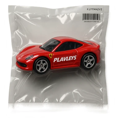 red Ferrari Hot Wheels car in packaging, 'PLAVLEYS' in italic racing font on the side, glossy and puffy vacuum-sealed style sticker